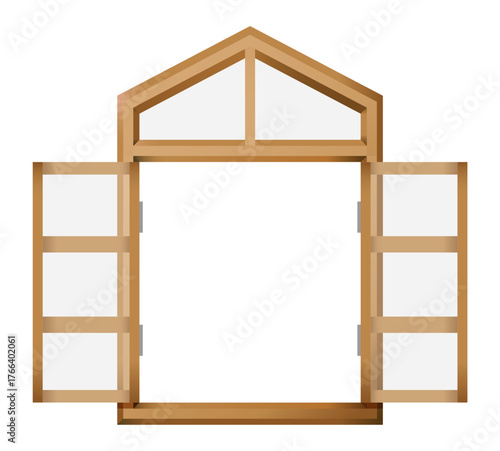 木製の窓のイラスト素材。扉が開いている状態。白背景にベクターイラスト。