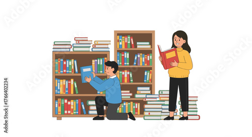 Students find books in the library and read for education, knowledge, and fun with stacks of books as they prepare for learning