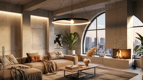 Modern living room with cozy seating, large window view of city skyline at sunset, warm ambiance