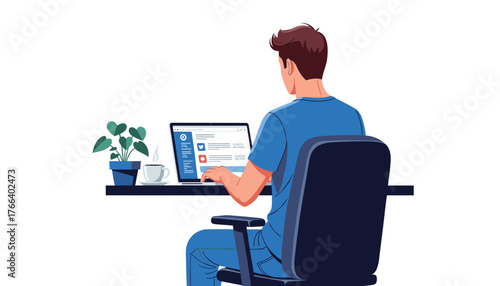 Man working at laptop in modern home office with coffee and plant, ideal for remote work or digital nomad lifestyle concepts