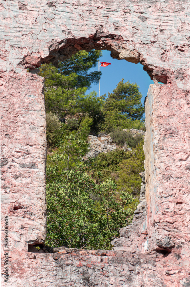 Fototapeta premium Fethiye Kayaköy stone houses and ruins. Mugla, Turkey. Kayakoy ghost village. Turkey's abandoned houses. The Ghost Town of Kayakoy. Abandoned religious ghost city.