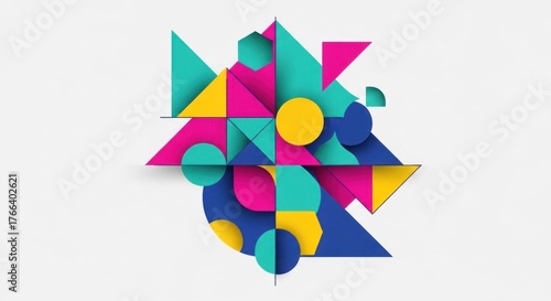 A colorful geometric pattern with a mix of triangles, circles, and squares in vibrant colors against a white background. Free Download A colorful geometric pattern with a mix of triangles, circles, and squares in vibrant colors against a white background. - GFXLoad