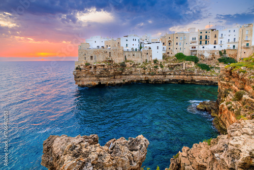 Polignano a Mare old town at sunrise, Puglia region, Italy, Europe. Seascape of Adriatic sea