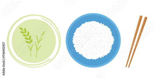 Blue rice bowl with fluffy white grains, wooden chopsticks, and green rice plant emblem plate on white clean minimalist food illustration for menus, labels, and kitchen branding.