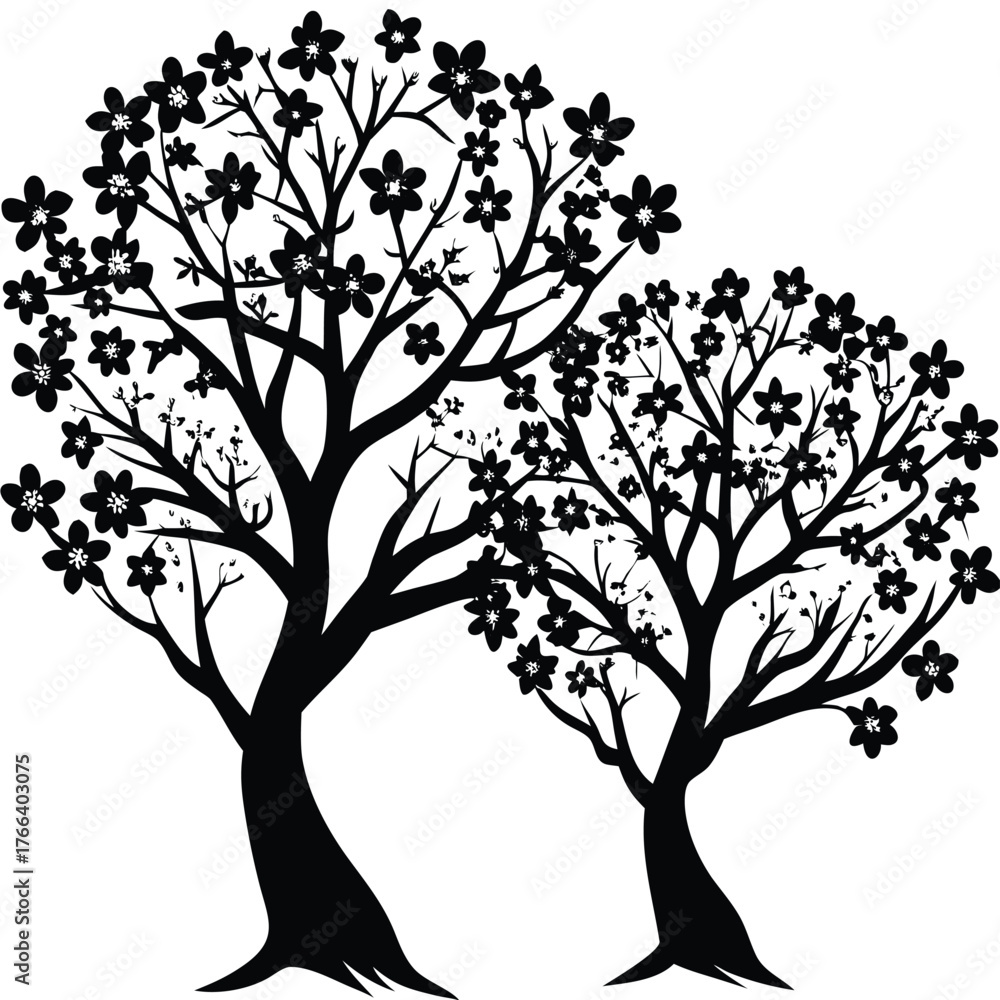 Obraz premium Black silhouette of a cherry blossom tree with delicate branches and flowers. Perfect for spring designs, Japanese themes, nature logos, wellness brands, and minimalist illustrations.