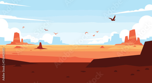 Stunning desert landscape illustration with vibrant colors and birds flying overhead, perfect for travel blogs or western-themed projects