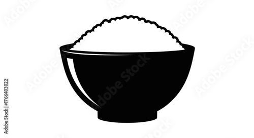 Simple black bowl filled with fluffy white rice, a staple food.