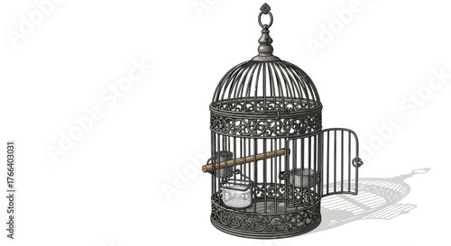 Ornate antique birdcage with open door, symbolizing freedom and confinement