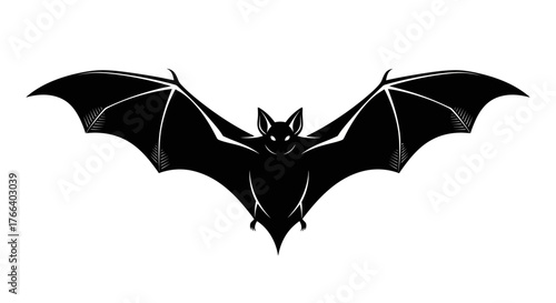 Mysterious black bat silhouette in flight, spreading wings against a stark white background