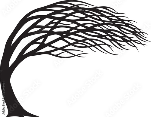 silhouette of a tree bent by the wind, icon vector
