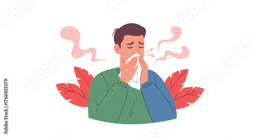 Upset man holding tissue due to allergies or cold with vibrant pink leaves for modern healthcare and medical campaigns about sickness or virus