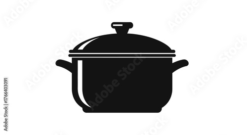Simple black cooking pot with lid on white background