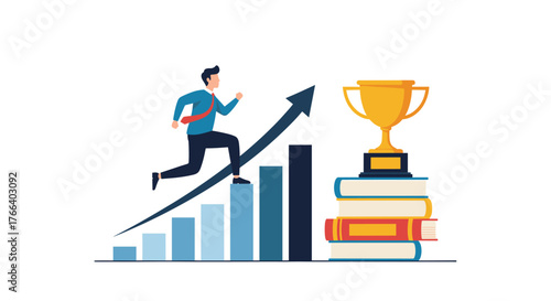 Dynamic businessman running up success chart toward achievement award, symbolizing career growth and ambition in business development projects