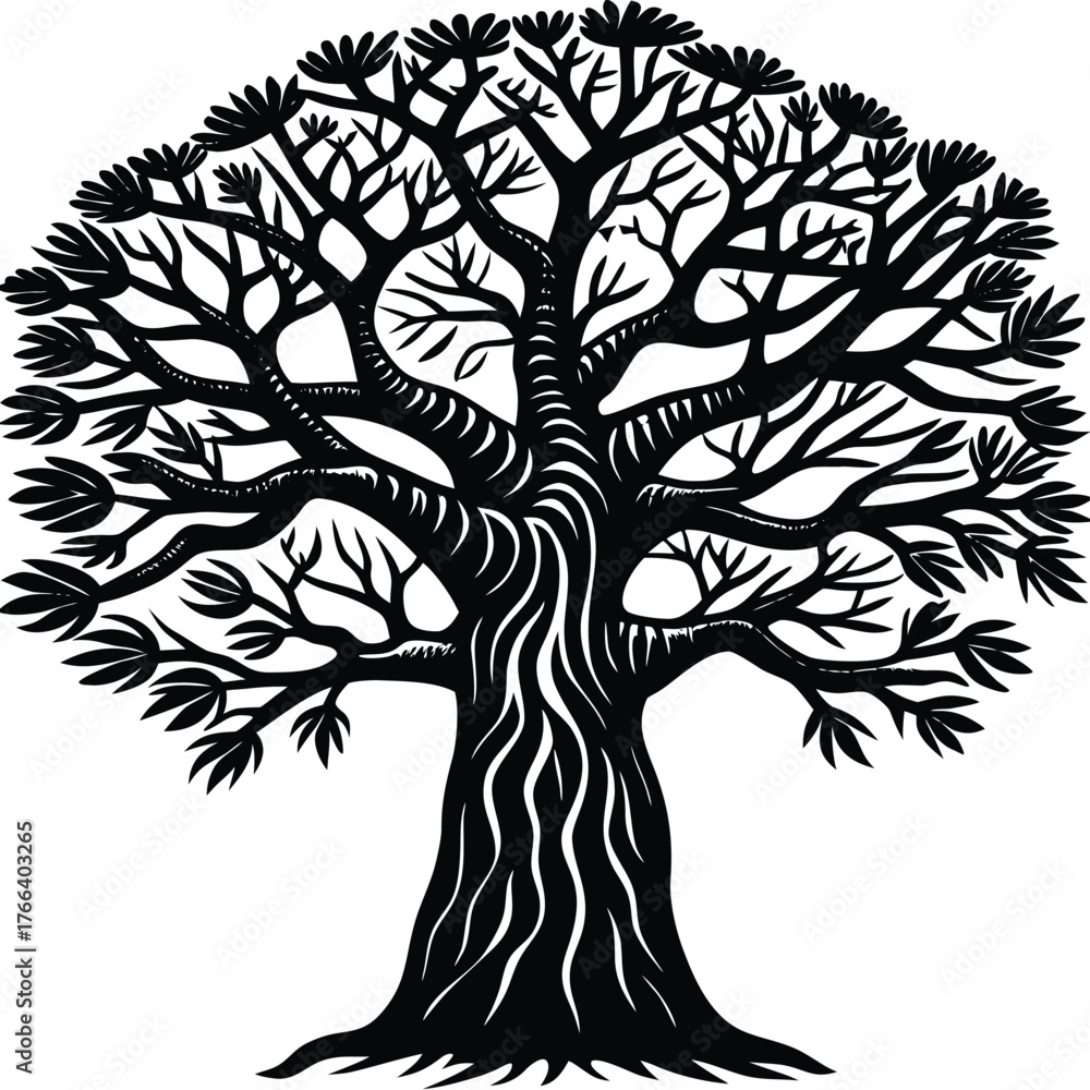 Obraz premium Black silhouette of a maple tree with detailed branches and leaves. Perfect for autumn and fall season designs, eco branding, nature posters, minimalist logos, outdoor illustrations, and botanical art