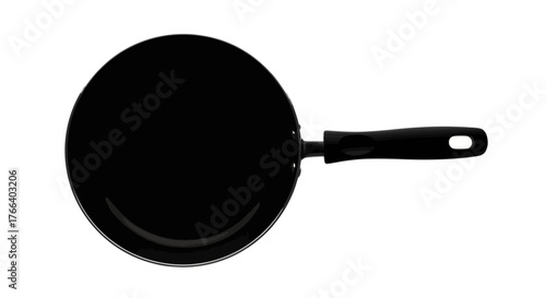 A simple black non-stick frying pan with a handle, isolated on a white background.