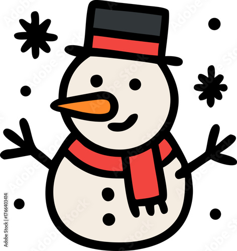 Cheerful snowman in hat and scarf, smiling widely. Perfect for winter holiday designs, greeting cards, and festive seasonal decorations.