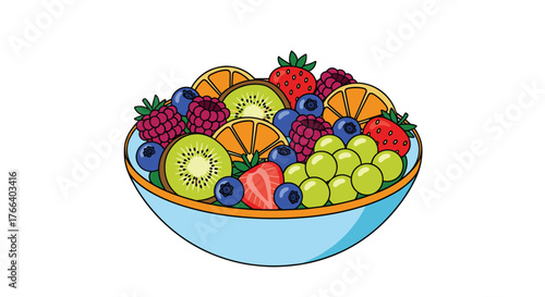 Vibrant bowl bursting with fresh strawberries, blueberries, raspberries, kiwi slices, orange segments, and green grapes, perfect for healthy eating and summer themes