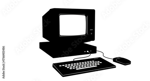 Retro computer setup with monitor, keyboard, and mouse on a white background.