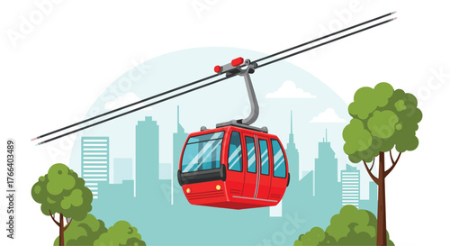 A scenic cable car ride above the city skyline, surrounded by lush greenery, a perfect blend of urban adventure and natural beauty