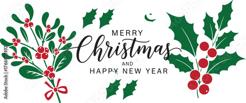 Merry Christmas Happy New Year Holiday Berry Wreath Design Element.