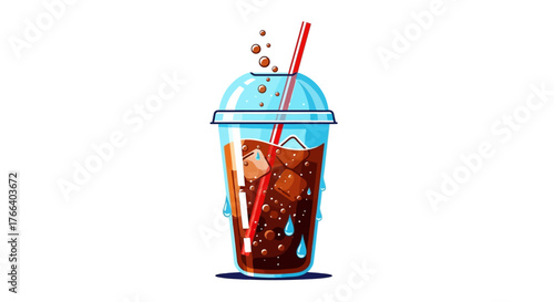 Refreshing iced coffee with straw and ice cubes in a clear plastic cup