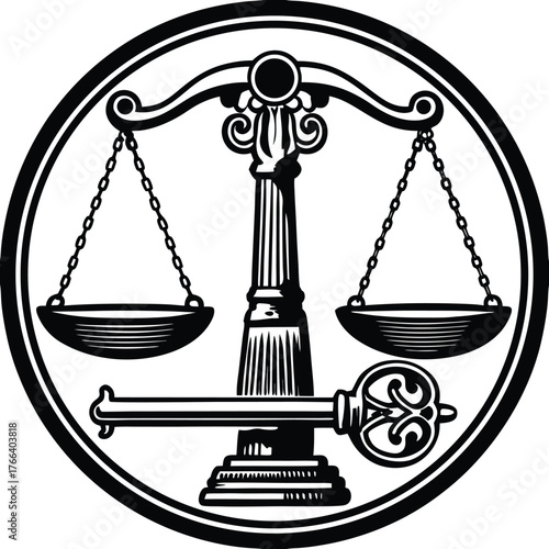Circular emblem of scales of justice and key silhouette