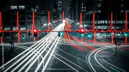 Nighttime city intersection with light trails and heartbeat graphic overlay, showcasing urban life