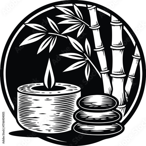 Zen spa candle bamboo and stones silhouette