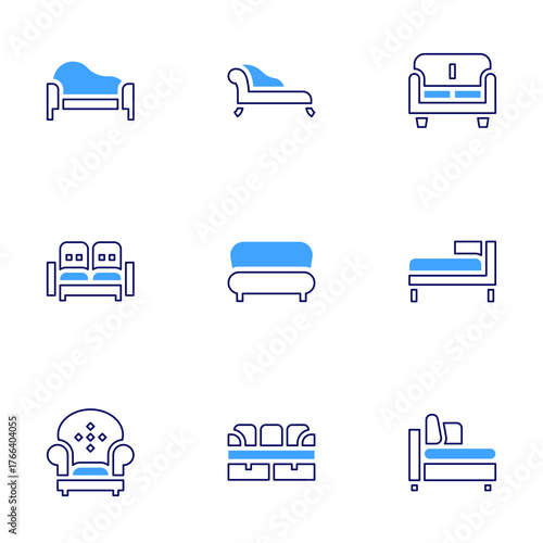 Sofa icon set. Bold line style. Duotone colors. Editable stroke. sofa, divan, couch, armchair, chaise longue