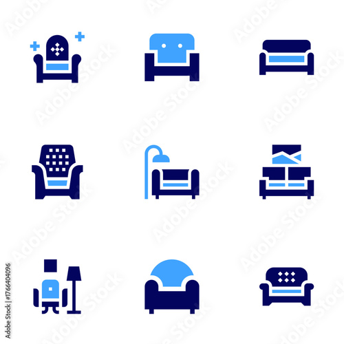 Sofa icon set. Bold style. Duotone colors. couch, sofa, armchair