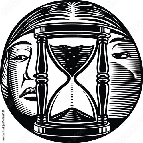 Hourglass between two faces silhouette