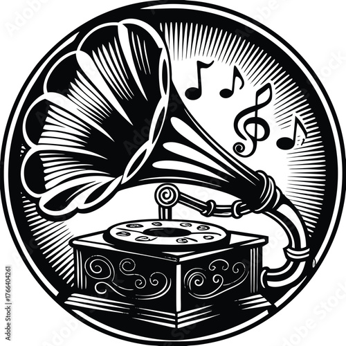 Vintage gramophone playing music silhouette