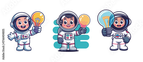 Cute astronaut characters holding bright lightbulbs, symbolizing innovation and brilliant ideas for creative projects and educational materials