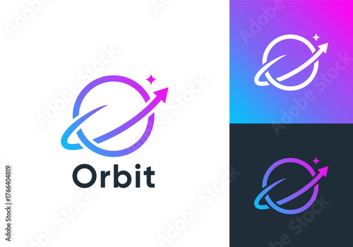 planet arrow logo design. globe galaxy connection technology vector design concept
