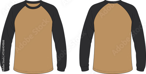 Brown and black long sleeve raglan t-shirt front and back view, unisex casual apparel design template, modern fashion clothing mockup.