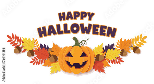 Celebrate spooky season with a vibrant happy Halloween greeting featuring a grinning pumpkin and colorful autumn leaves perfect for festive designs