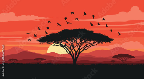 Stunning African savanna sunset with acacia trees, silhouetted birds soaring majestically across a vibrant orange sky