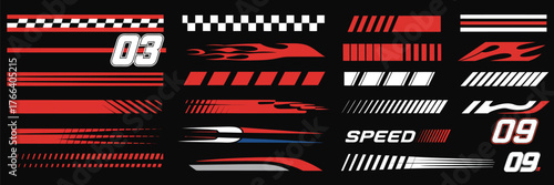Sport car wraps and racing stripe graphics set featuring motorsport decals, checkered flags, tuning stickers, performance stripes, dynamic motion lines, drift style design, and speed vector art