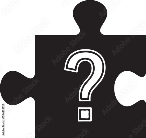 Vector art of a single puzzle piece with a question mark symbol, representing mystery and uncertainty, icon on