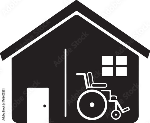 Vector art of silhouette of a house with a wheelchair inside, symbolizing accessibility and care for disabled individuals icon on