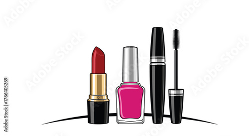 Stunning collection of vibrant red lipstick, chic pink nail polish, and elegant black mascara for a flawless look