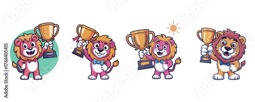 Celebrate Success with Cute Cartoon Lions Holding Trophies for Children's Books and Educational Materials, Perfect for Awards and Recognition Themes