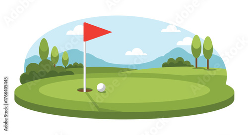 Serene golf course landscape with flag, hole, and ball on a sunny day, perfect for sports and leisure themes