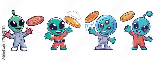 Adorable cartoon aliens playing with flying discs, perfect for fun children's designs, bringing a playful, whimsical touch to any project