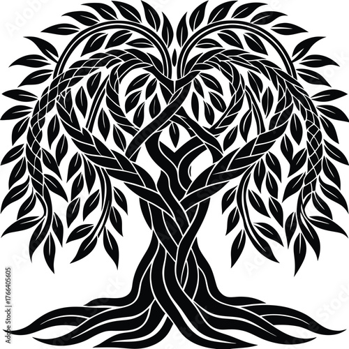 Black silhouette of a willow tree with long hanging branches. Ideal for nature and wellness designs, meditation themes, poetic artwork, eco branding, minimalist logos, and calm landscape illustrations