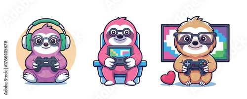 Adorable sloth gamers with controllers, headphones and glasses, enjoying gaming time in cute cartoon style, perfect for kids content and gaming promotions