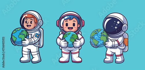 Three adorable astronauts embracing planet Earth, symbolizing space exploration, global connection, and environmental care with a charming style