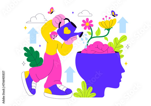 Personal Growth Vector Illustration Featuring Development Through Positive Habits, Lifelong Learning, Adaptability and Perseverance for Career Success