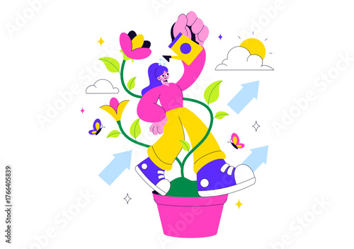 Personal Growth Vector Illustration Featuring Development Through Positive Habits, Lifelong Learning, Adaptability and Perseverance for Career Success