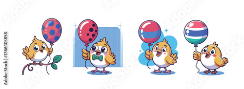 Joyful little chicks holding colorful balloons, perfect for celebrations, birthdays, and children's themes